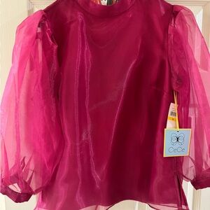 CeCe Sheer Organza Puff-Sleeve Top in Bright Pink